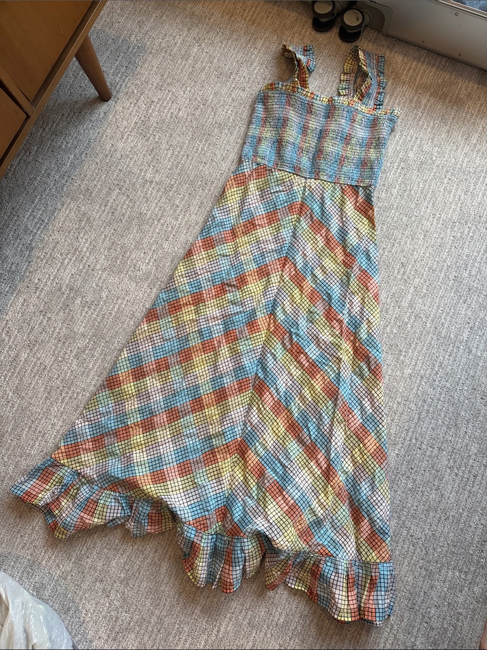 Ganni Multi-Color Plaid Smocked Maxi Dress
